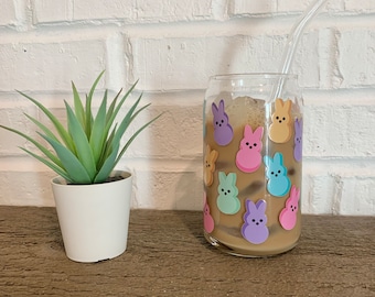 16 oz Coffee Glass Cup with Straw | Easter Bunny Glass Cup Can | Can Shaped Glass | Spring Coffee Glass | Cute Coffee Cup | HAND WASH ONLY