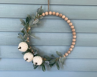 Pumpkin Bead Wreath / Bead Wreath / Wood Bead Wreath / Fall Wreath White Pumpkin / Fall Welcome Sign / Front door sign / Lambs Ear Wreath