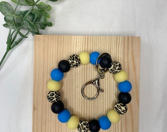 Leopard Silicone Bead Wristlet Keychain / Leopard Keychain Wristlet Bracelet Keychain / Gift For Her / Animal Print Bracelet / Blue / Yellow