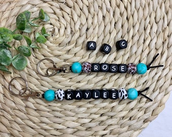 Custom Name Silicone Bead Keychain / Turquoise Custom Name / Cow Print Custom / Black Letters Name Keychain / Personalized Cow Name Keychain