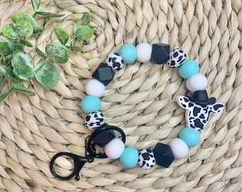 Cowboy Hat With Cow Silicone Bead Wristlet Keychain / Blue Cow Print Keychain / Bracelet Wristlet Keychain / Cow Wristlet Keychain