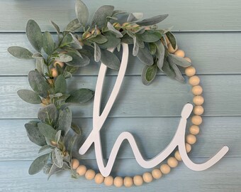 Hi Bead Wreath / Bead Wreath / Wood Bead Wreath / Hi Wreath / Hi Welcome Sign / Front door sign / Lambs Ear Wreath