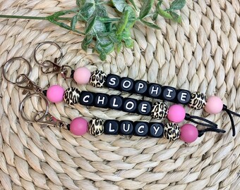 Custom Name Silicone Bead Keychain / Custom Leopard Name Keychain / Black Letters Name Keychain / Personalized Silicone Bead Keychain