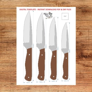 May include: A digital template of four knives with silver blades and brown handles. The text "DIGITAL TEMPLATE - INSTANT DOWNLOAD PDF & DXF FILES" is at the top. Measurements are in inches.