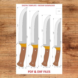 Könnte beinhalten: Eine digitale Vorlage mit vier Metzger-Messermodellen in verschiedenen Größen. Die Messer haben silberne Klingen, braune Griffe und gelbe Akzente. Die Vorlage enthält Maße in cm und den Text "PDF & DXF FILES" und "DIGITAL TEMPLATE - INSTANT DOWNLOAD".