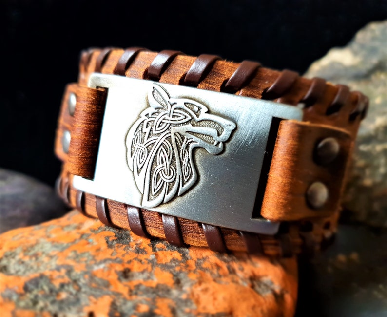 Wolf bracelet for him Viking bracelet men Fathers day gift Thick leather bracelet engraved Viking jewelry gift for men Norse jewelry