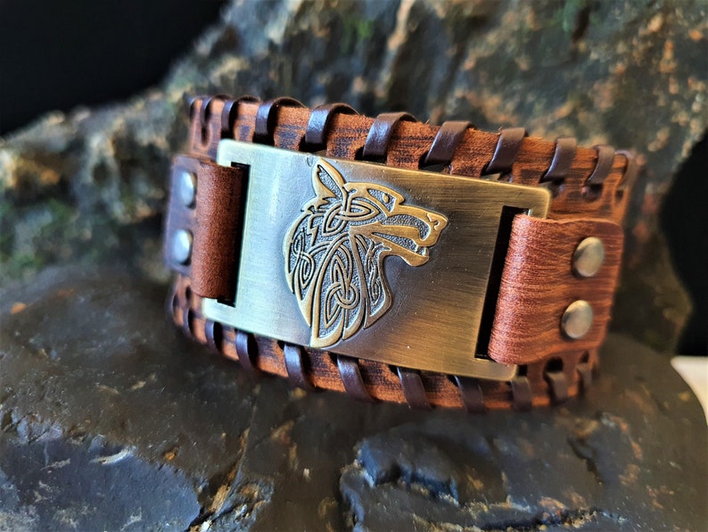 Wolf bracelet for him Viking bracelet men Fathers day gift Thick leather bracelet engraved Viking jewelry gift for men Norse jewelry