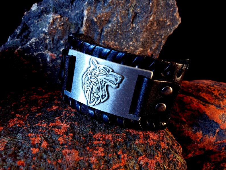 Wolf bracelet for him Viking bracelet men Fathers day gift Thick leather bracelet engraved Viking jewelry gift for men Norse jewelry