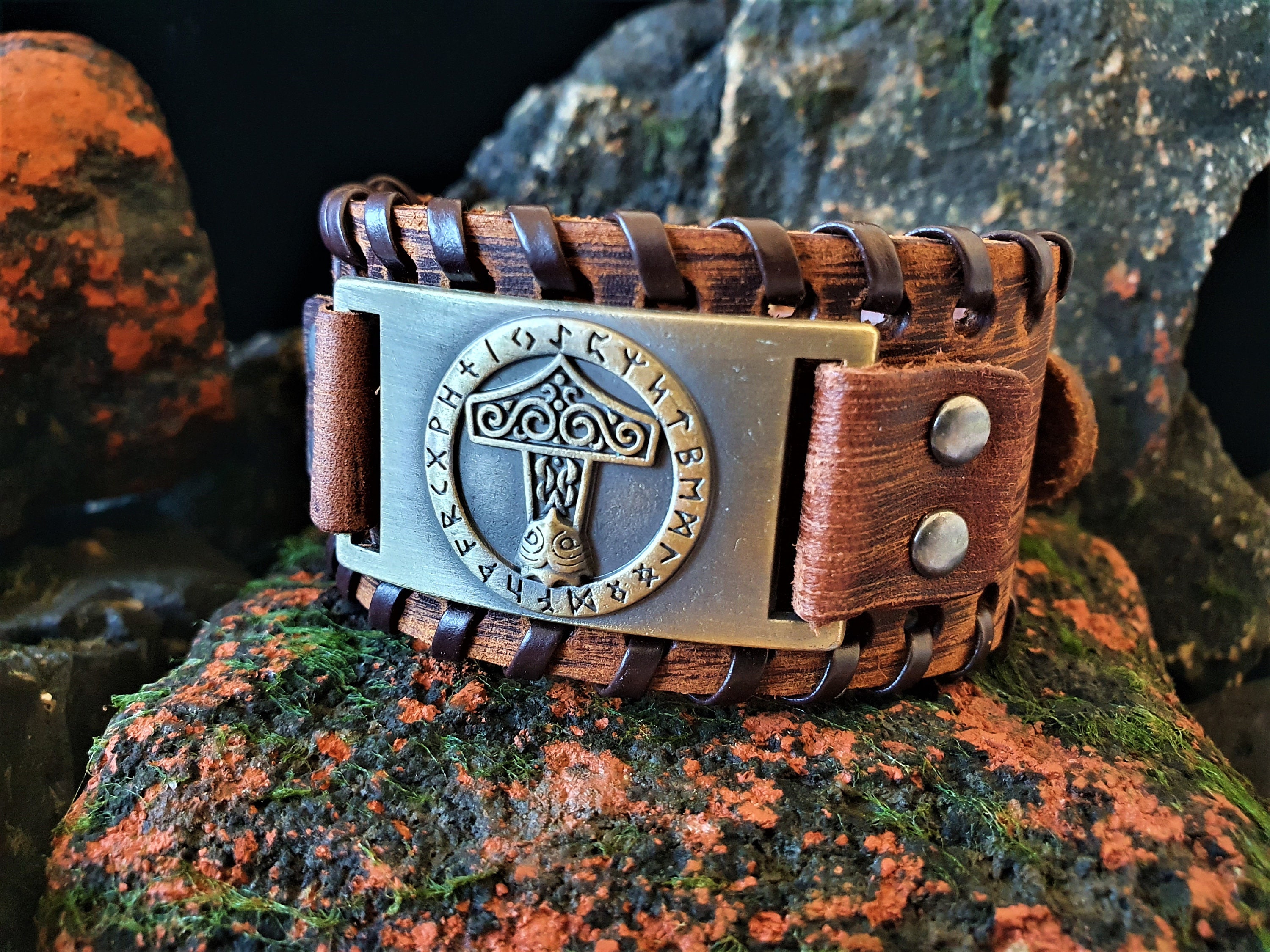 Mjolnir leather bracelet engraved. Viking style bracelet. Etsy