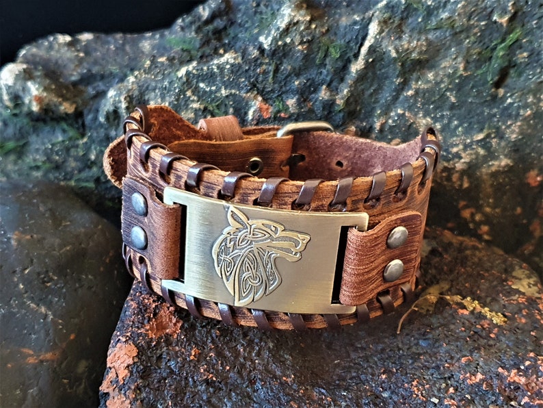 Wolf bracelet for him Viking bracelet men Fathers day gift Thick leather bracelet engraved Viking jewelry gift for men Norse jewelry