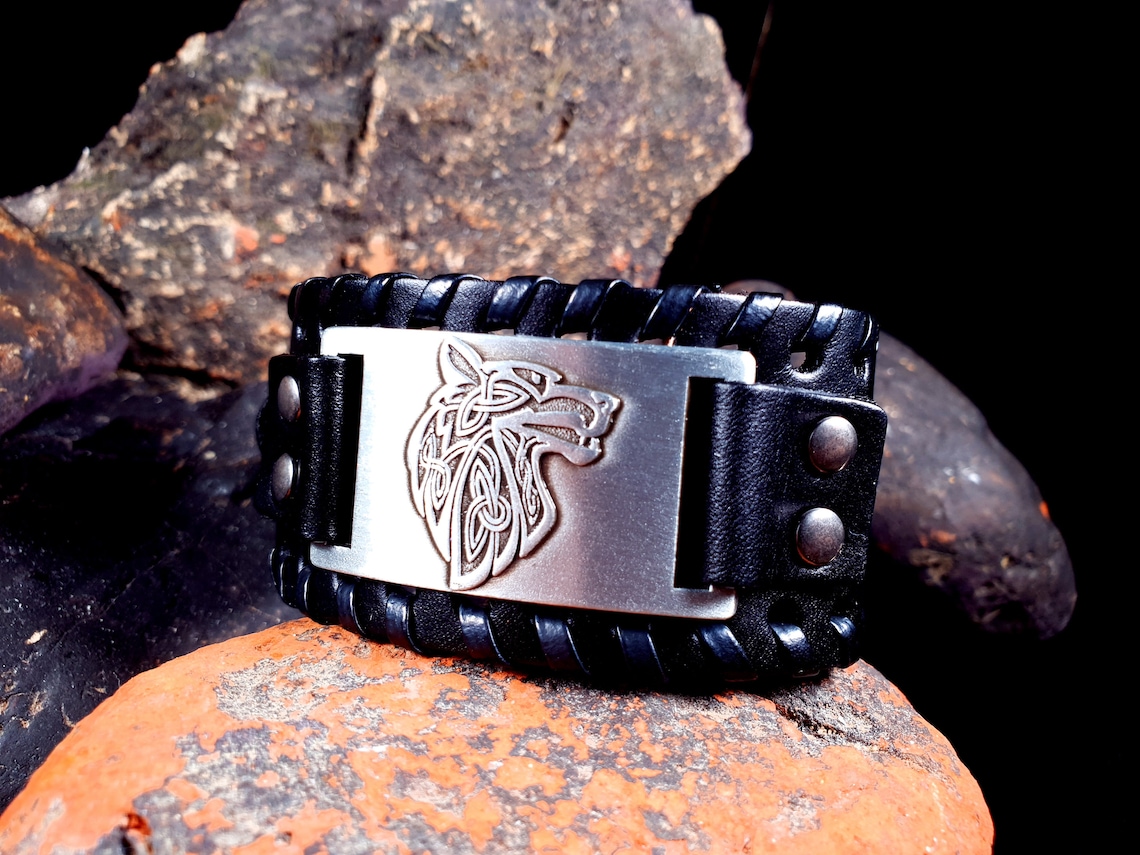 Viking bracelet men / Thick leather bracelet engraved / Etsy
