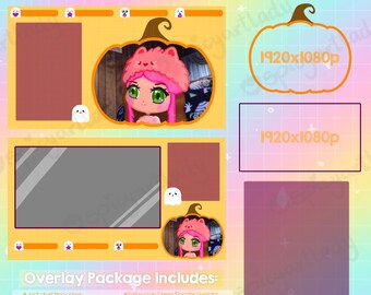 Kawaii Ghost Halloween Animated Overlay-paket för Twitch, Facebook Live, Youtube Live
