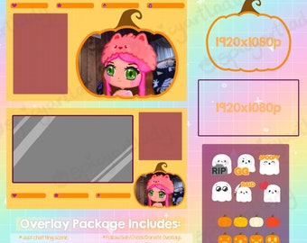 Animated Pumpkin Halloween Twitch Overlay Package + Cute Ghost Emotes & Pumpkin Badges/Emotes