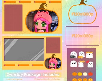 Animerat pumpa Halloween Twitch Overlay-paket + söta spökemotes och pumpamärken/emotes