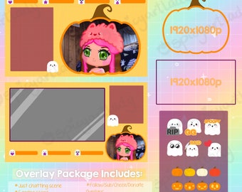 Kawaii Halloween Twitch Overlay + Emotes + Badges Package: Halloween Overlays for Twitch Streaming + Pumpkin Badges and Cute Ghost Emotes