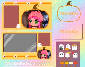 Animerat sött spöke och pumpa Halloween Twitch animerat overlay-paket + spöke-emotes och pumpa-märken/emotes