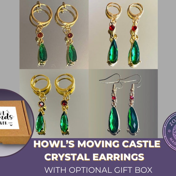 Personalised anime jewellery gift box: Howl’s Moving Castle Green Crystal earrings | Pierced & Clip on | anime cosplay gift