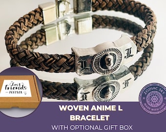 Personalised anime jewellery gift box: Death Lawliet Anime brown woven wristband / bracelet | silver plated | anime / cosplay gift