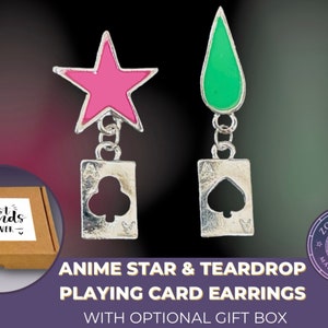 Personalised anime jewellery gift box:  pink star and green teardrop silver plated playing card stud earrings anime manga cosplay earrings