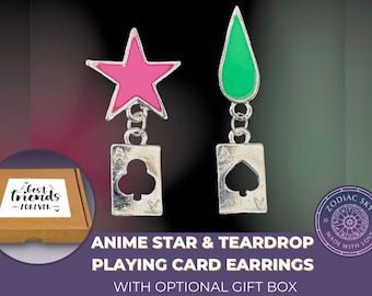 Personalised anime jewellery gift box:  pink star and green teardrop silver plated playing card stud earrings anime manga cosplay earrings