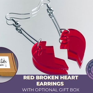 May include: Red broken heart earrings with silver hooks. The earrings are packaged in a brown box with the text "best friends -FOREVER- ".