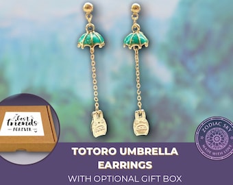 Personalised anime jewellery gift box: Totoro anime earrings gold plated my neighbour totoro ghibli green umbrella dangle drop stud earrings