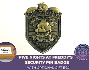 Personalised gaming gift box: Five Nights at Freddy’s FNAF antique brass plated metal Security pin badge | Fazbear entertainment | UK seller