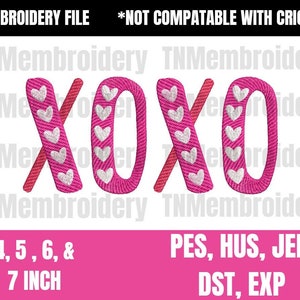 May include: Pink embroidery design of the letters XOXO with white hearts. The design is available in 4, 5, 6, and 7 inch sizes. File formats include PES, HUS, JEF, DST, and EXP.  *Not compatible with Cricut*.