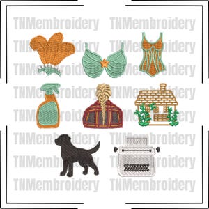 May include: An embroidery design set featuring eight distinct icons: orange feathers, a green seashell bra with a star, a leotard, a spray bottle, a plaid hat with a braid, a house with vines, a black dog silhouette, and a white typewriter.
