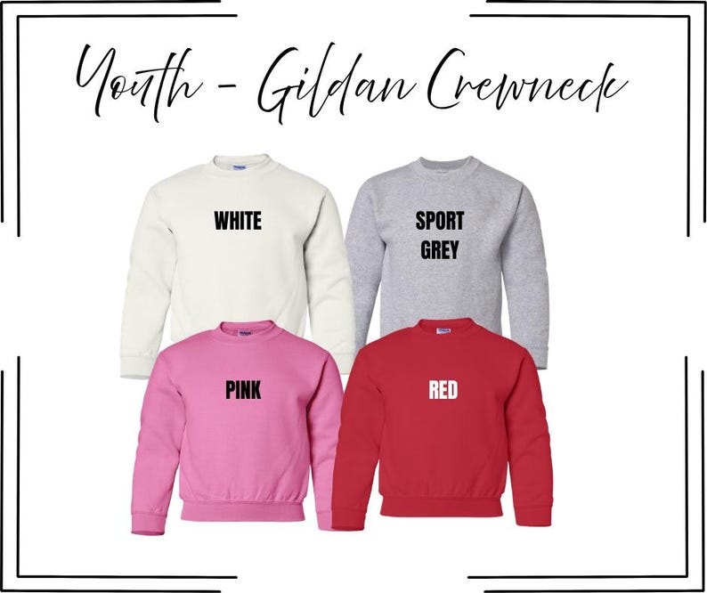May include: Four youth Gildan crewneck sweatshirts in white, sport grey, pink, and red. Each sweatshirt features a ribbed crew neckline, long sleeves, and a straight hem. The text labels White, Sport Grey, Pink, and Red are printed on each.