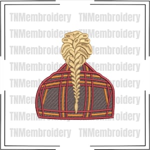 May include: An embroidery design featuring a dark grey beanie with a red and yellow plaid pattern. A light tan, braided ponytail extends from the top of the beanie. The background contains the repeating watermark text TNMembroidery.