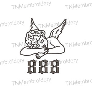 May include: A black and white line drawing of a sleeping angel with wings. The angel is lying on its side with its head resting on its arm. The number 888 is written in a gothic font below the angel.