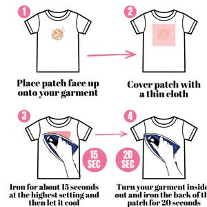 Puede incluir: Gu&iacute;a paso a paso sobre c&oacute;mo aplicar un parche termoadhesivo a una camiseta blanca. Las instrucciones incluyen colocar el parche, cubrirlo con un pa&ntilde;o, planchar durante 15 segundos y planchar la parte posterior durante 20 segundos.