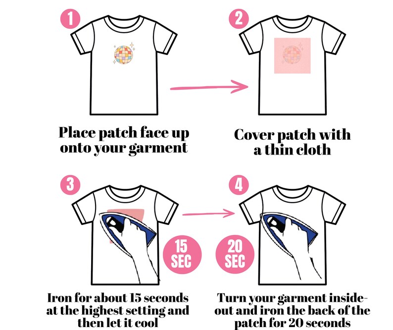 Puede incluir: Gu&iacute;a paso a paso sobre c&oacute;mo aplicar un parche termoadhesivo a una camiseta blanca. Las instrucciones incluyen colocar el parche, cubrirlo con un pa&ntilde;o, planchar durante 15 segundos y planchar la parte posterior durante 20 segundos.