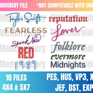 Eras Tour Album Titles Embroidery Files - 10 Separate Albums - 4x4 & 5x7 - Midnights, Meet Me At Midnight, AntiHero