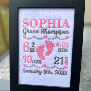 Embroidered Birth Announcement - Personalized Wall Art - Baby Girl Gift, Baby Boy Gift, Nursery Wall Art