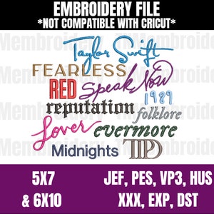 The Eras Albums Embroidery File - 5x7 & 6x10 - Midnights,The Eras Tour, Reputation, Folklore, TTPD