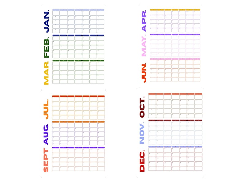 2026 Monthly Calendar Printable | Colorful Year at a Glance | Editable ...