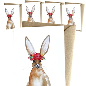 Osterkarten Set (5er Pack) mit Osterhase und Blumenschmuck (Aquarell & Handgemacht) - Frohe Ostern Geschenk - Umschlag (Recyclingpapier)