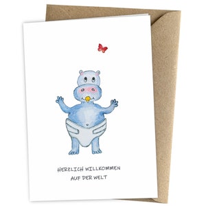 Herzfunkeln® Glückwunschkarte zur Geburt für Mädchen und Junge mit Baby-Nilpferd - Herzlich Willkommen auf der Welt - Karte zur Geburt