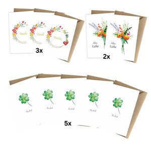 10 Stk. Herzfunkeln Grußkarten Set Blumen für verschiedene Anlässe, 5x Kleeblatt Für dich, 2x Blumenstrauß Alles Liebe, 3x Blumenkranz Danke