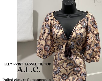 Women's Elly Print Tassel Tie Neck Top A.L.C., Size US 14, Cream Color