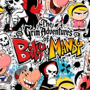 May include: A graphic print featuring The Grim Adventures of Billy & Mandy with characters Billy, Mandy, and Grim. The design includes the show title in red and yellow, a skull, a broken heart, and ink splatter effects on a white background.
