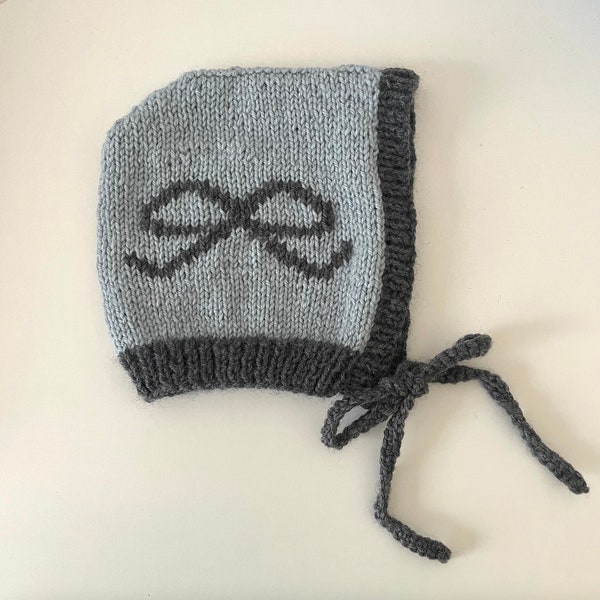 Hand Knit Blue/Grey Bow Bonnet