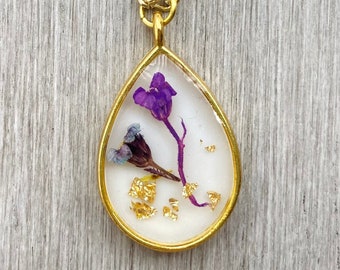 Pressed flower necklace, handmade jewelry, purple pressed flower art