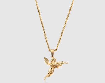 18K Gold Cupid Pendant Necklace, Unique Gun Toting Cupid Charm, Premium Men's Jewellery, Handcrafted Romantic Pendant, Romantic Gift for Him