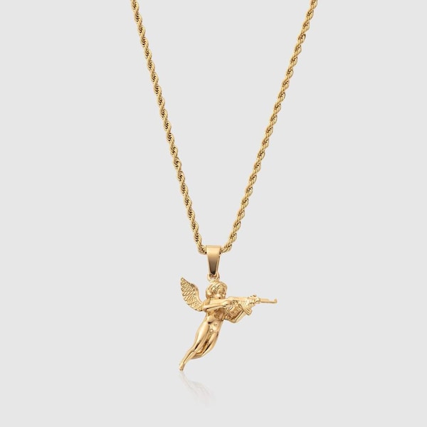18K Gold Cupid Pendant Necklace, Unique Gun Toting Cupid Charm, Premium Men's Jewellery, Handcrafted Romantic Pendant, Romantic Gift for Him
