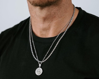 Men's Silver Compass Necklace Set – Layered Rope Chain, North Star Pendant