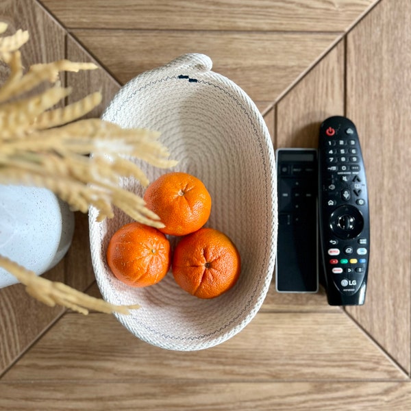 Handwoven cotton rope vessel, rope bowl, rope baskets, home essential, home decor, oval shape bowl,handcrafted fiber work. Made in Maryland.