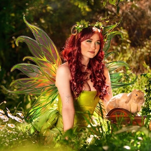 May include: A woman dressed as a fairy with iridescent green wings, a green bodice, and long red hair. She is sitting in a grassy area with a small brown rabbit.